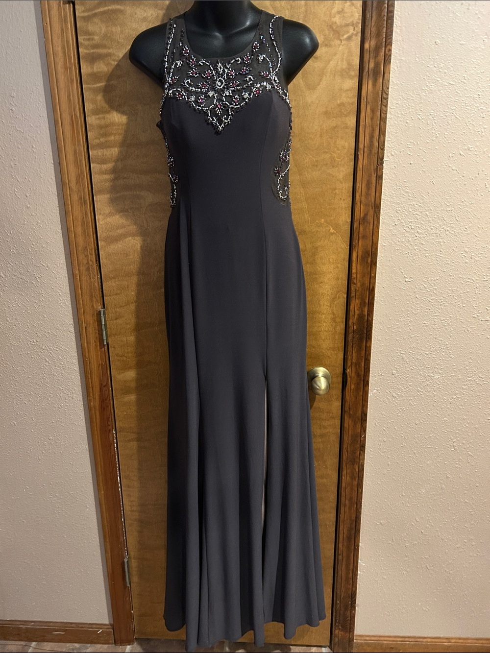 Betsy & Adam Black Beaded Illusion Neckline Prom Gown